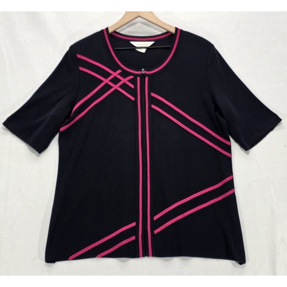 Vintage Misook Knit Jacket Womens L Black Pink Zip Cardigan 90s Quiet Luxury